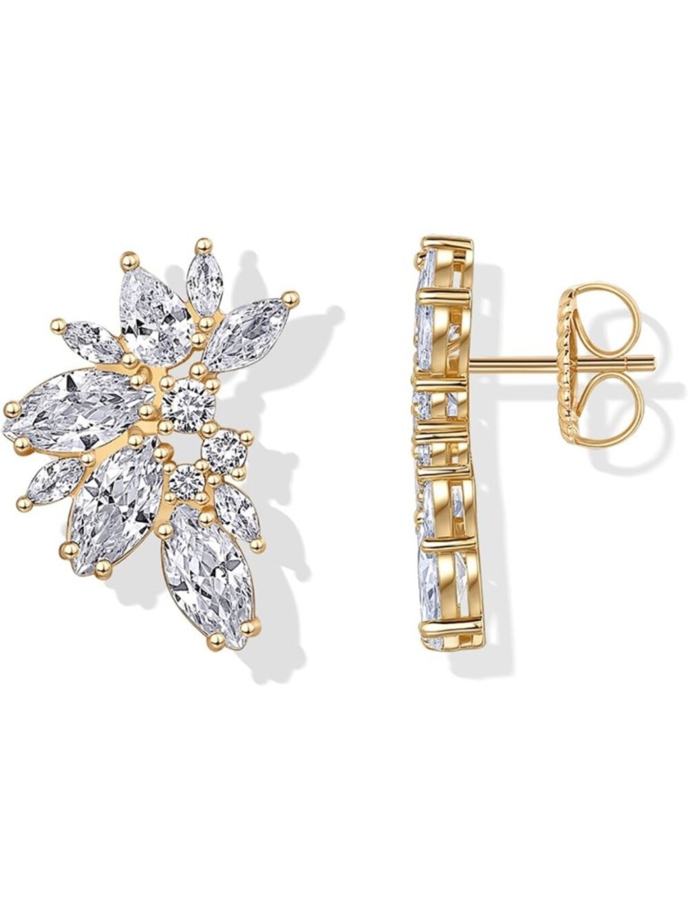 14K Gold Plated CZ Stud Earrings for Women, Elegant Bridal Statement Jewelry